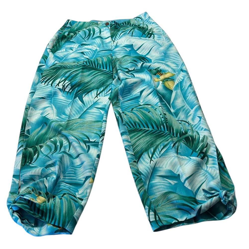 Beautiful silk Tommy Bahama Tropical Green pants with ties on the bottom